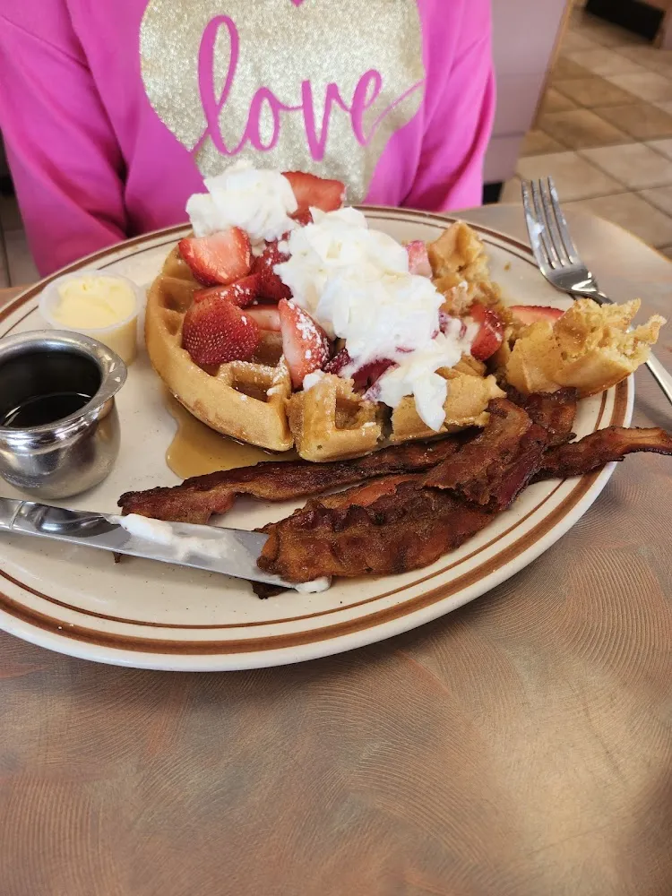 Belgian Waffles with Strawberries and Bacon
